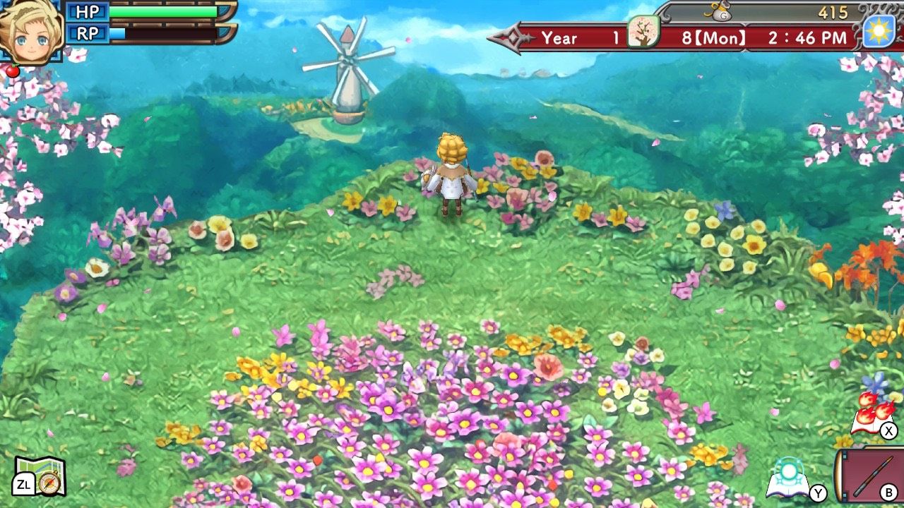 Rune Factory 3 Special area with flowers with the character standing on the edge of a cliff.