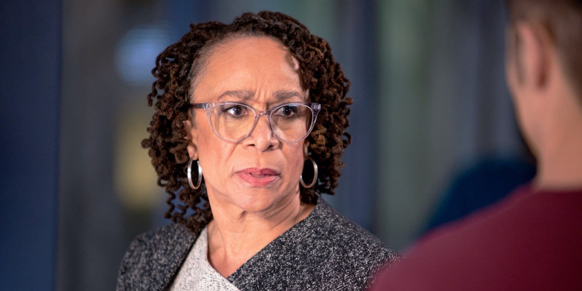 S. Epatha Merkerson listening intently with a sad look in Chicago Med