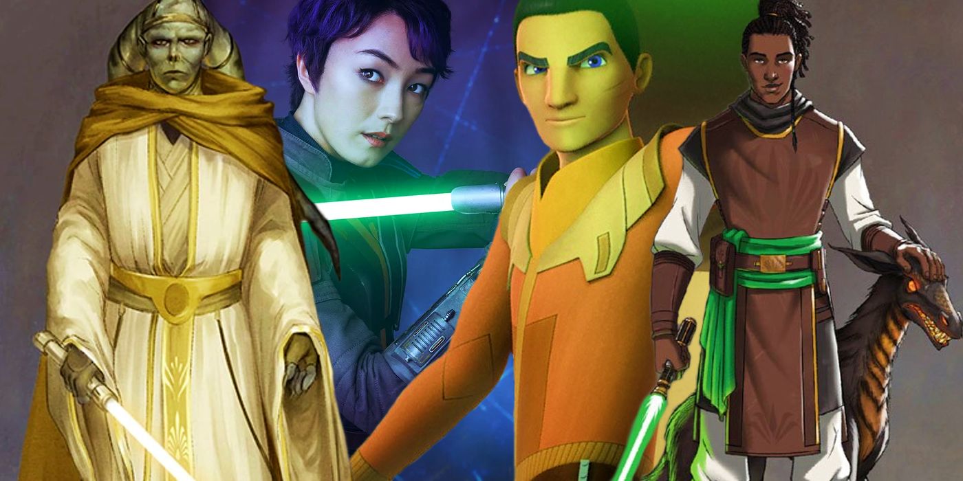 Sabine as seen in Ahsoka and Ezra from Star Wars Rebels between artwork for Padawan Bell Zettifar and his Master Loden Greatstorm from Star Wars: The High Republic