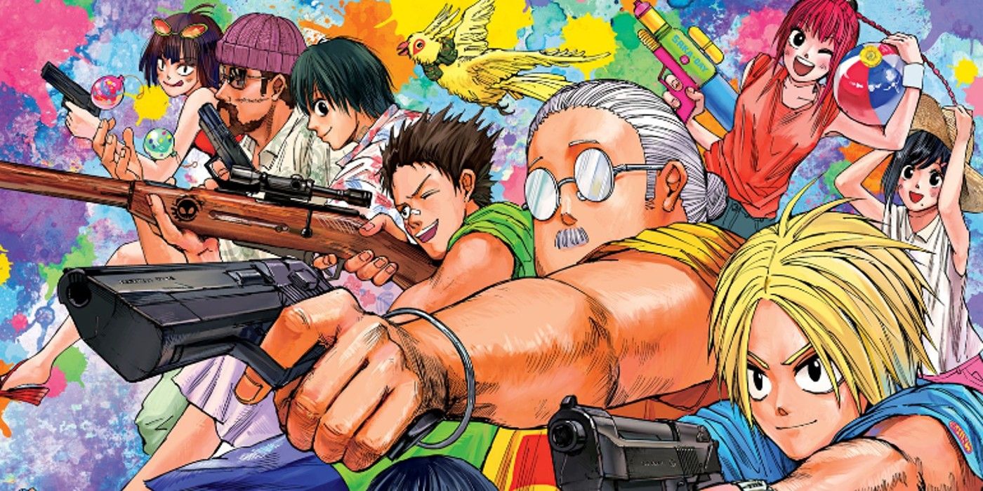 Arte do mangá colorida de Sakamoto Days dos membros do elenco principal e de apoio segurando armas.