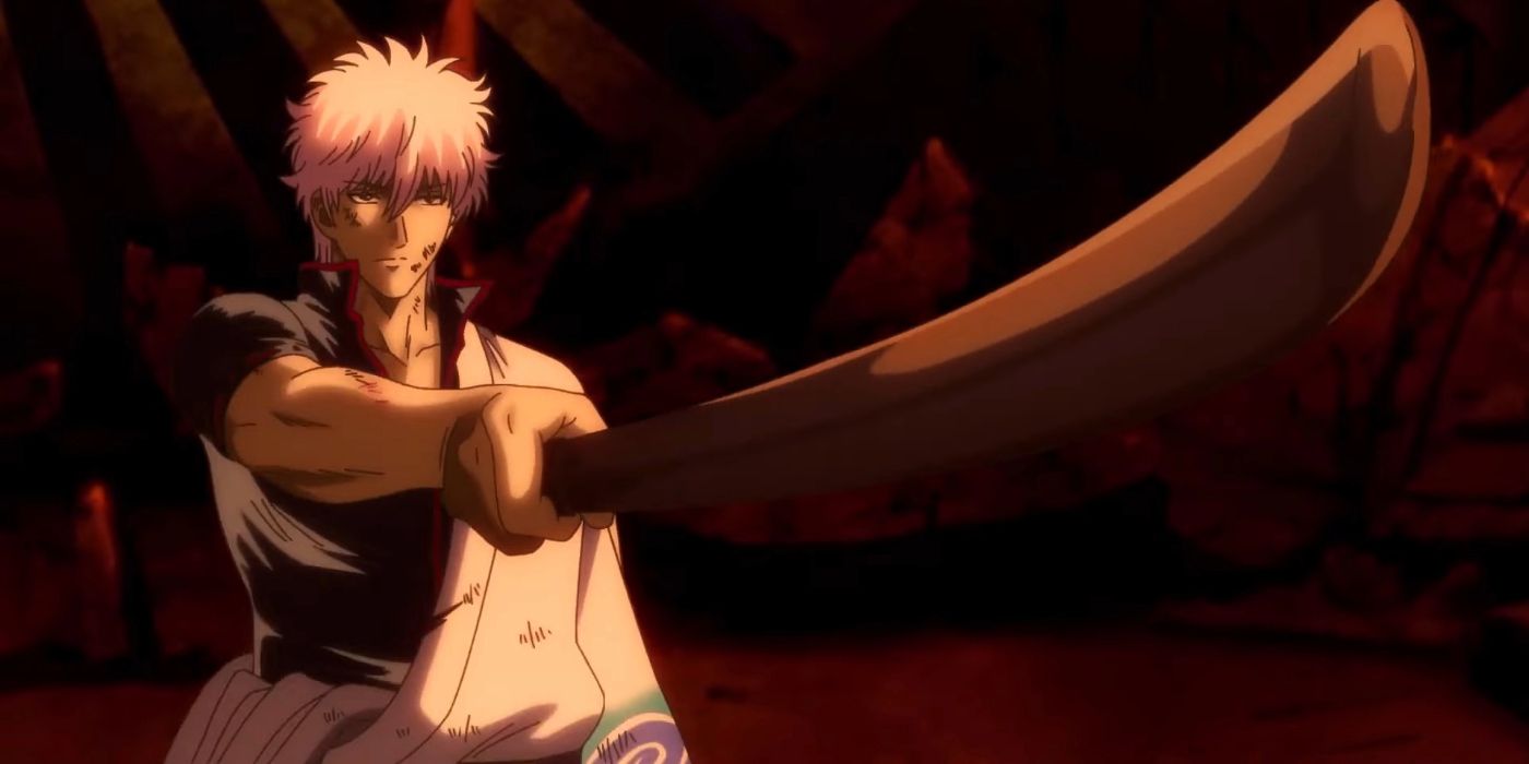 Sakata Gintoki from Gintama pointing a blade forward while covered in a dark shadow.