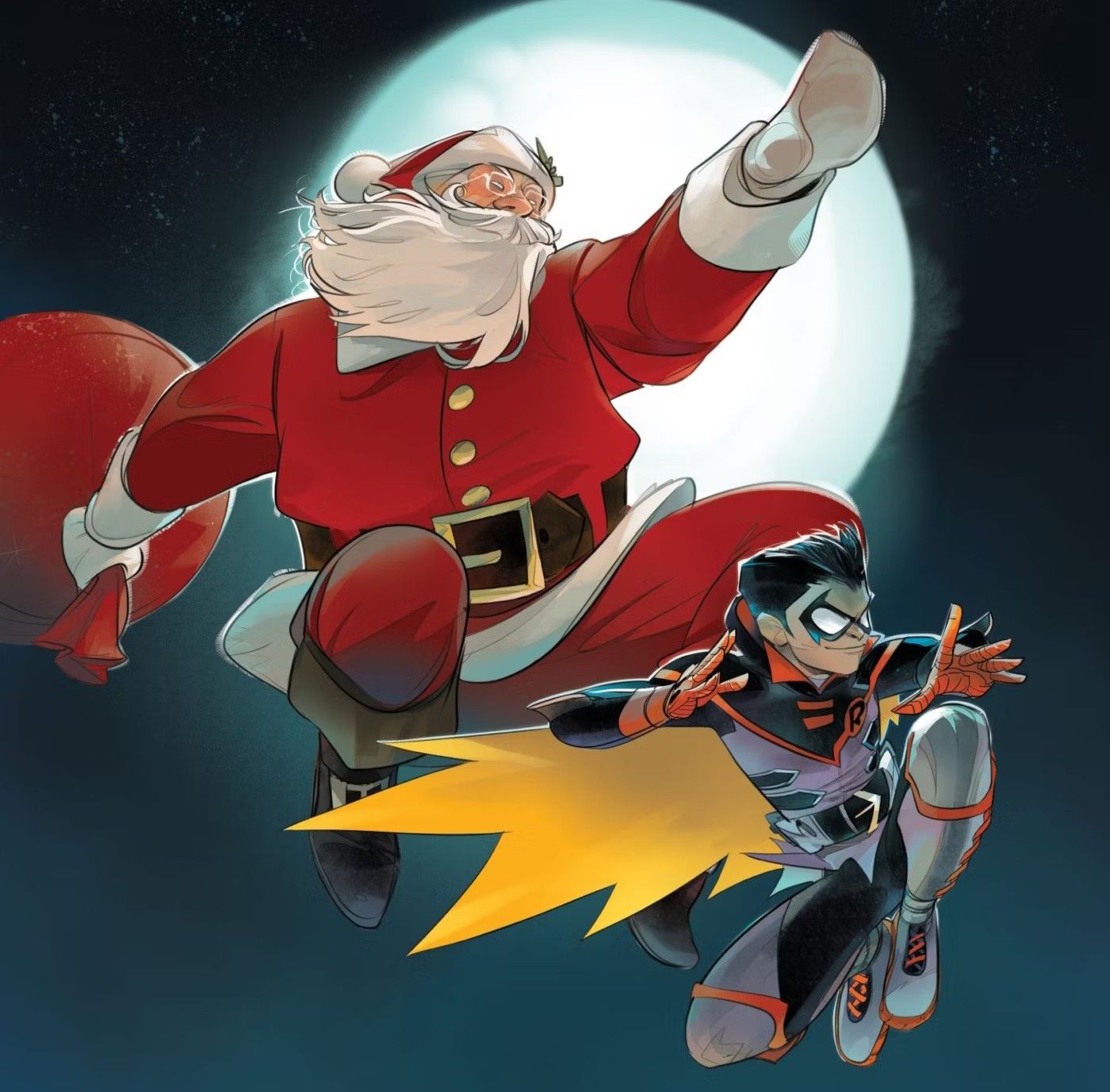 Santa Claus and Robin Leaping in Front of the Moon