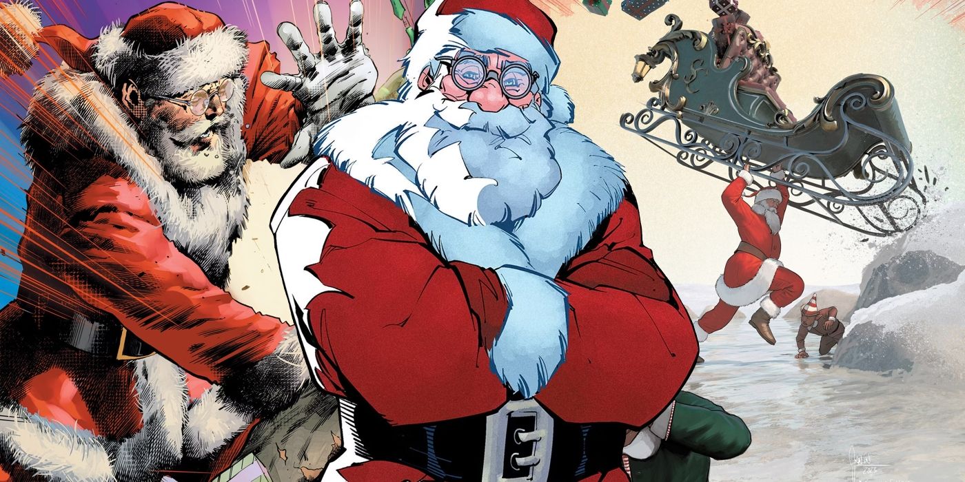 Santa Claus (foreground) with his arms crossed; Santa (background) using his super powers.