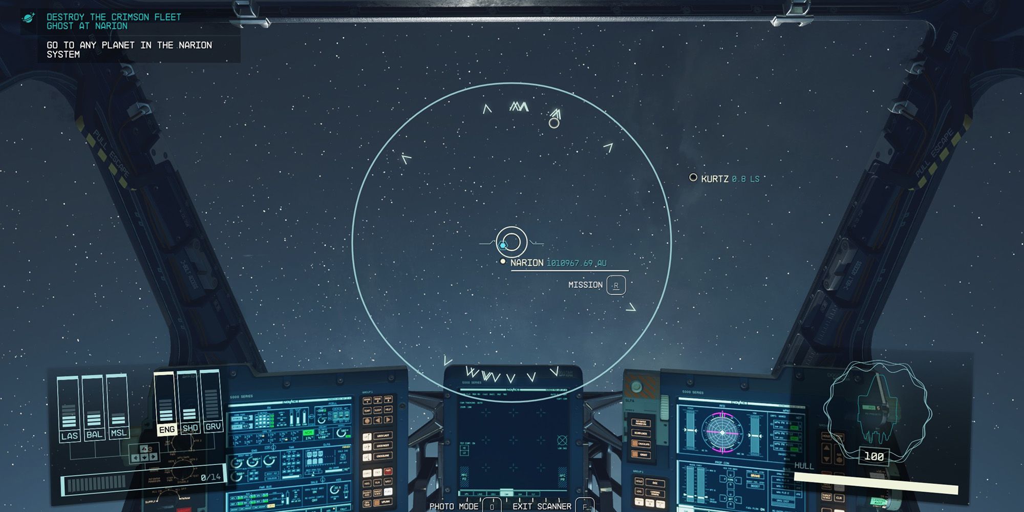 Pointing the scanner at a destination to enable fast travel in a cockpit in Starfield.