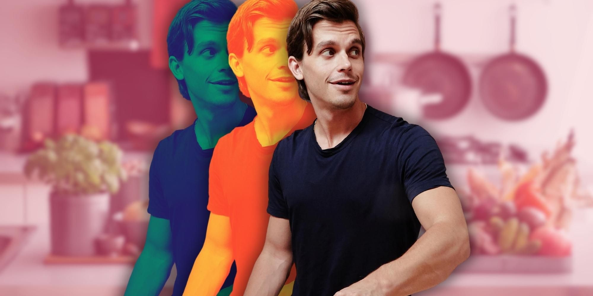 Antoni from Queer Eye cooking with a kitchen in the background