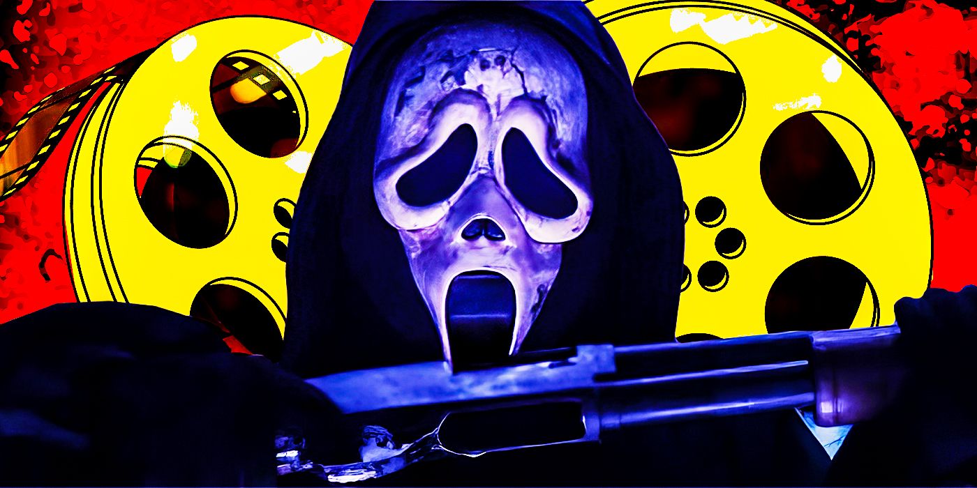 Ghostface con la escopeta de Scream 6 frente a la imagen de los carretes de película