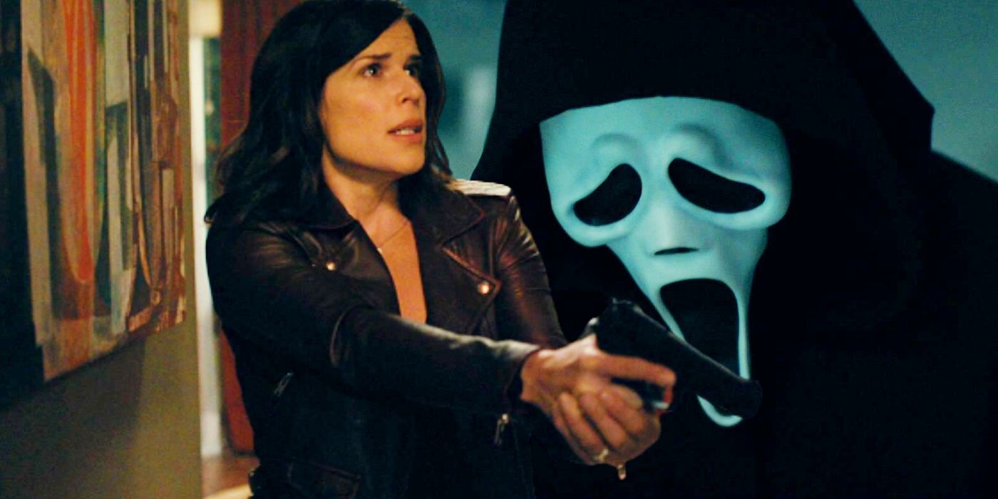 Custom image of Neve Campbell holding a gun as Sidney Prescott and Ghostface.