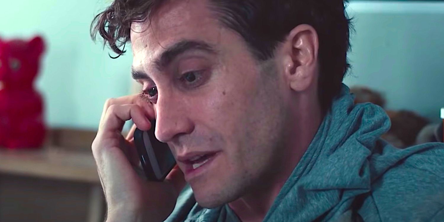 Jake Gyllenhaal talking on the phone in Stronger