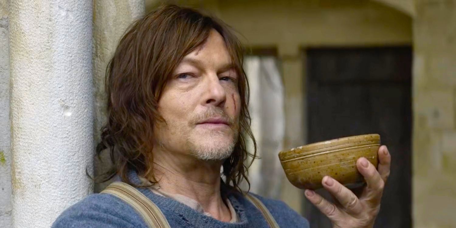 Daryl drinking soup from a bowl in The Walking Dead Daryl Dixon episode 1