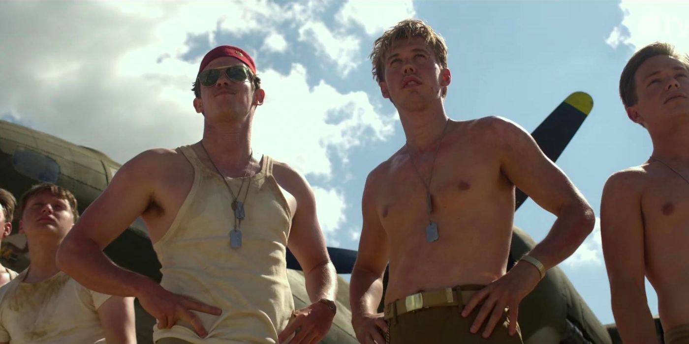 Shirtless Austin Butler in front of a plane in Masters of the Air