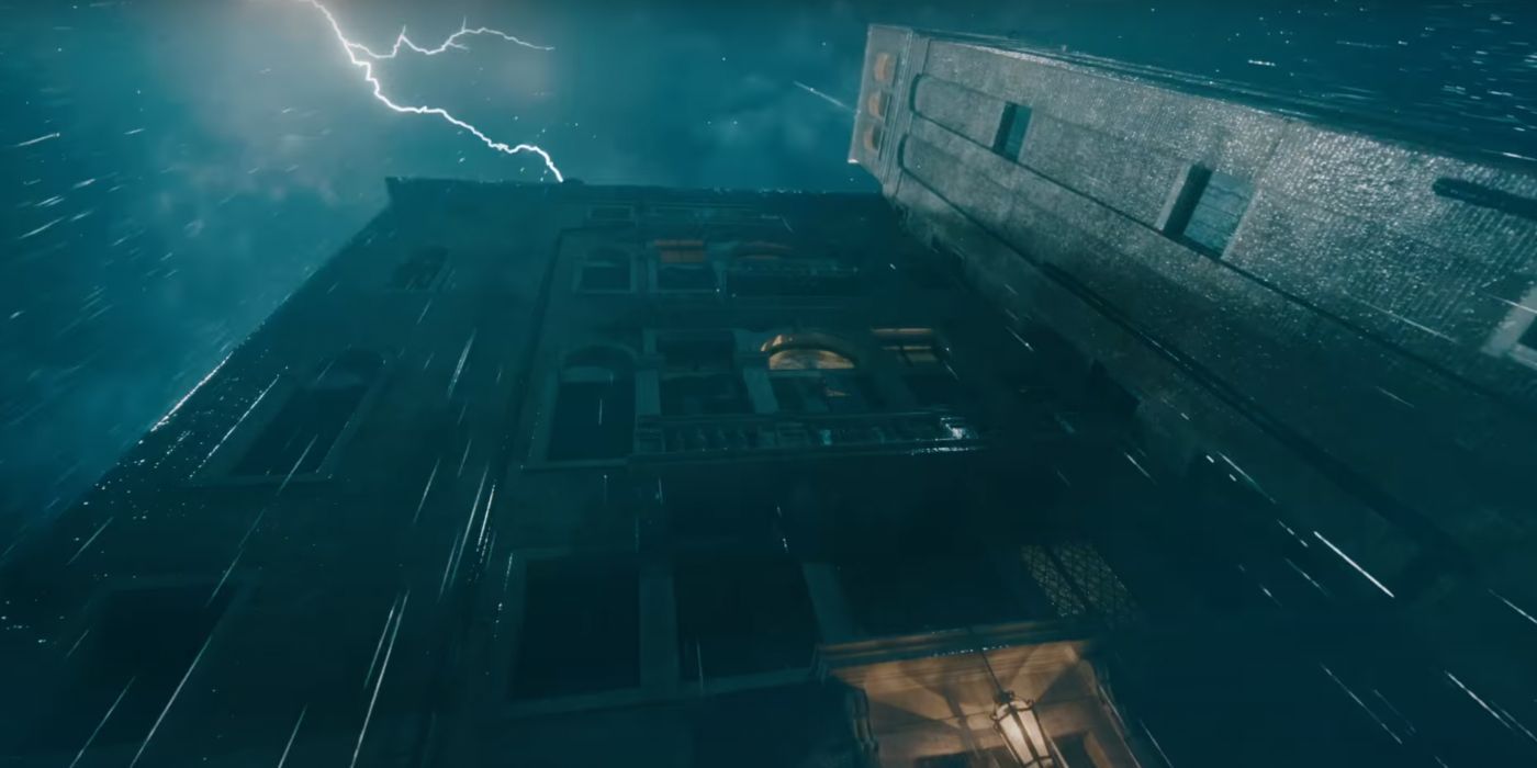 Lightning strikes a building in a scene from A Haunting in Venice