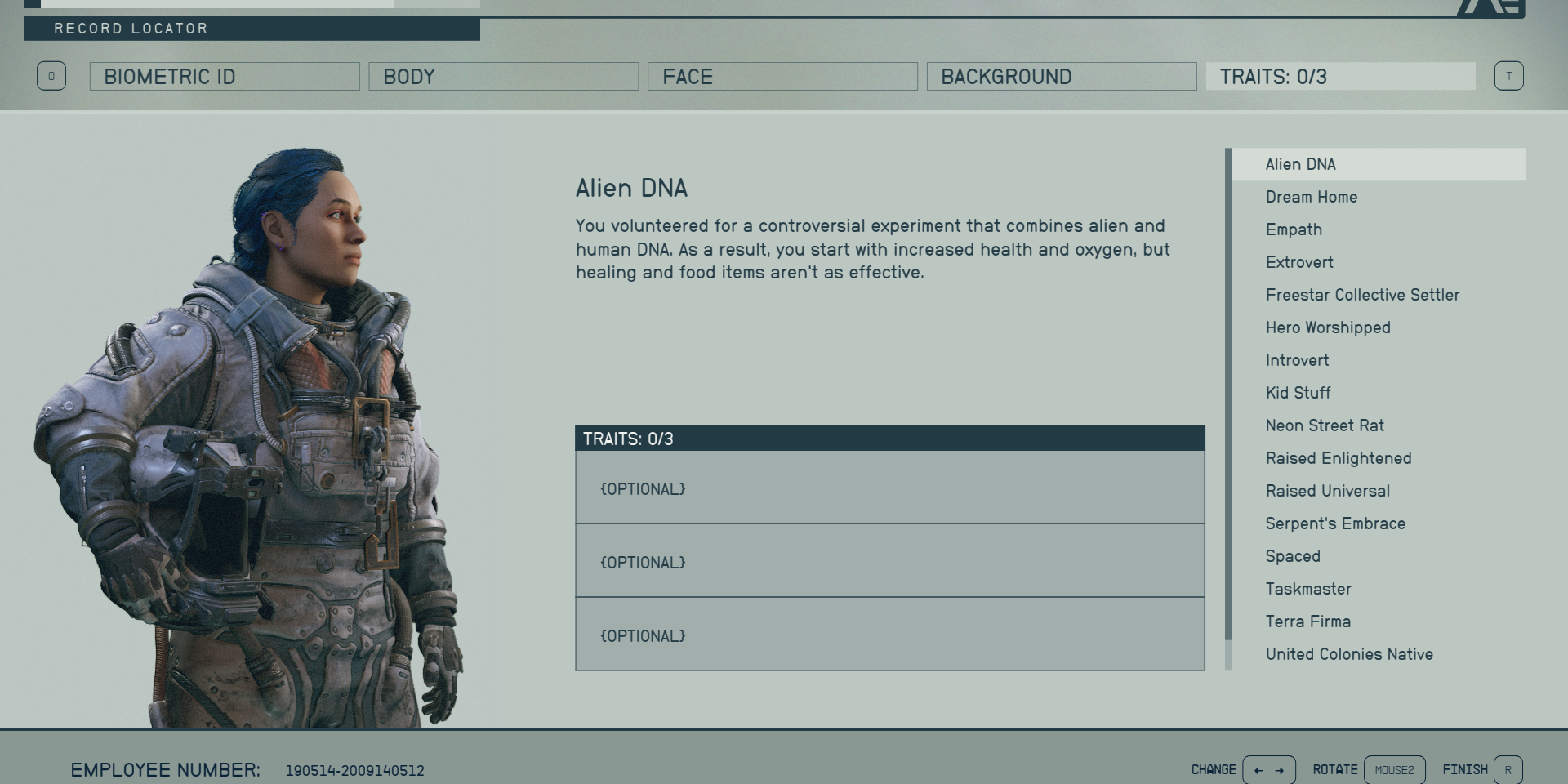 A player character and the description of the Alien DNA trait in Starfield