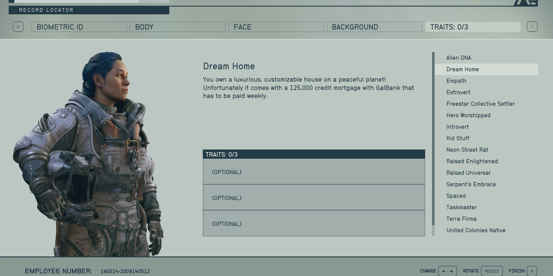 A player character and the description of the Dream Home trait in Starfield