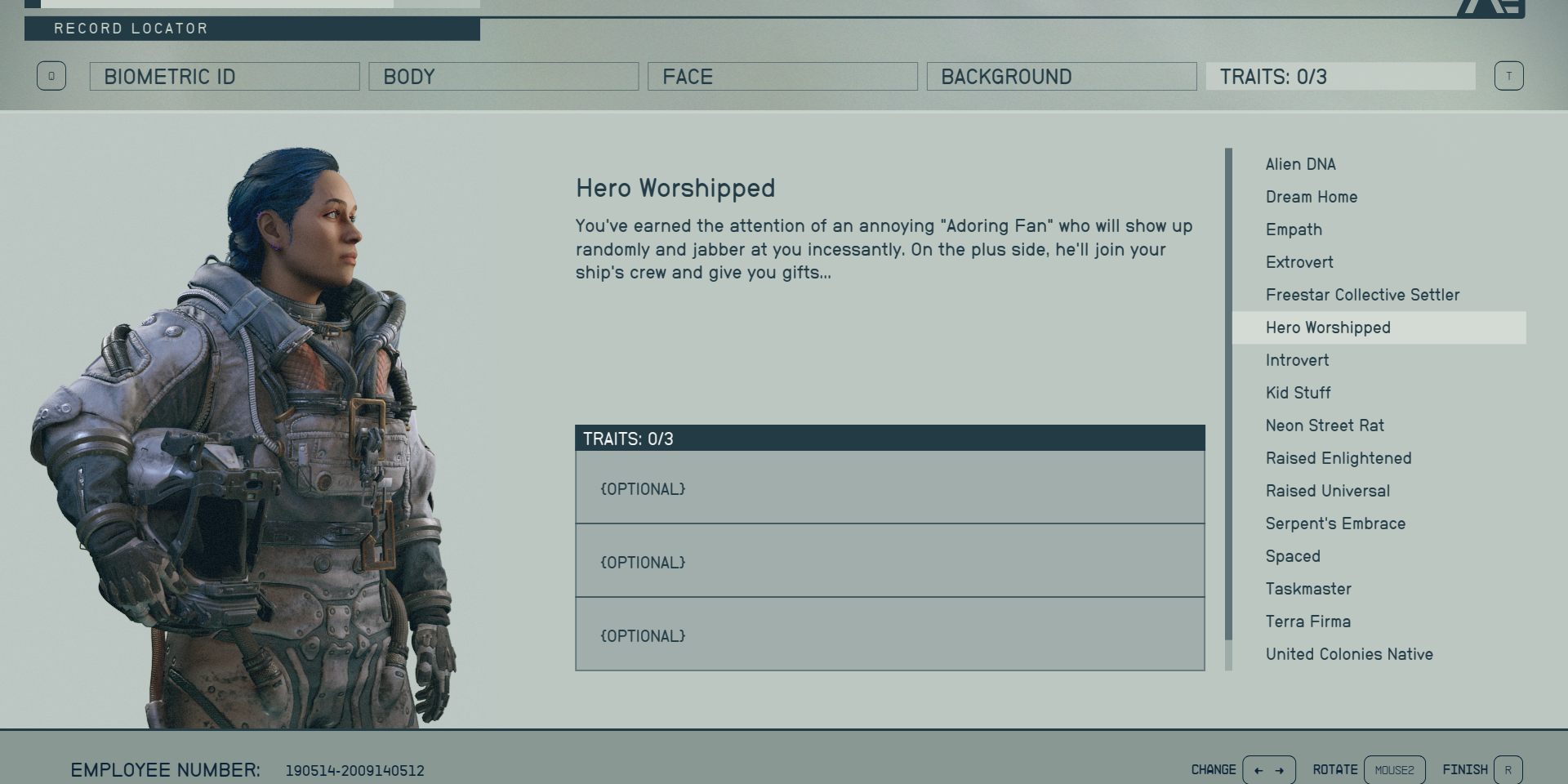A player character and the description of the Hero Worshipped trait in Starfield