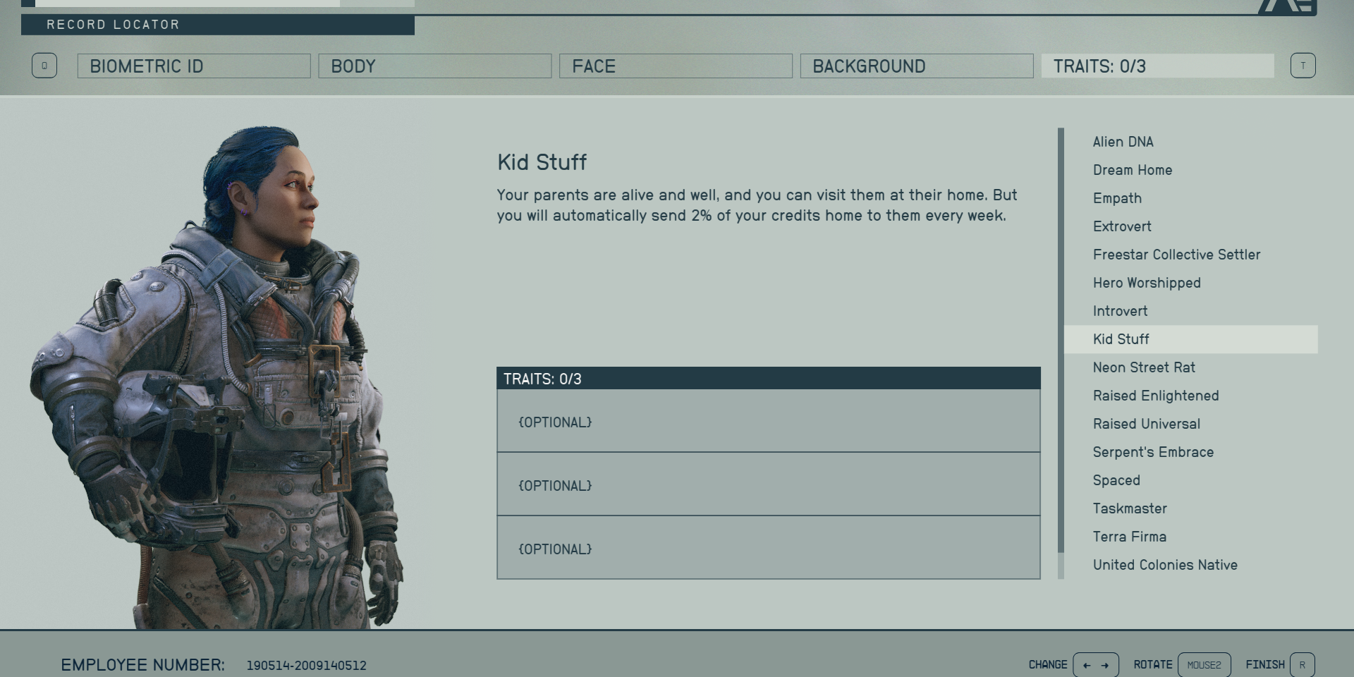 A player character and the description of the Kid Stuff trait in Starfield