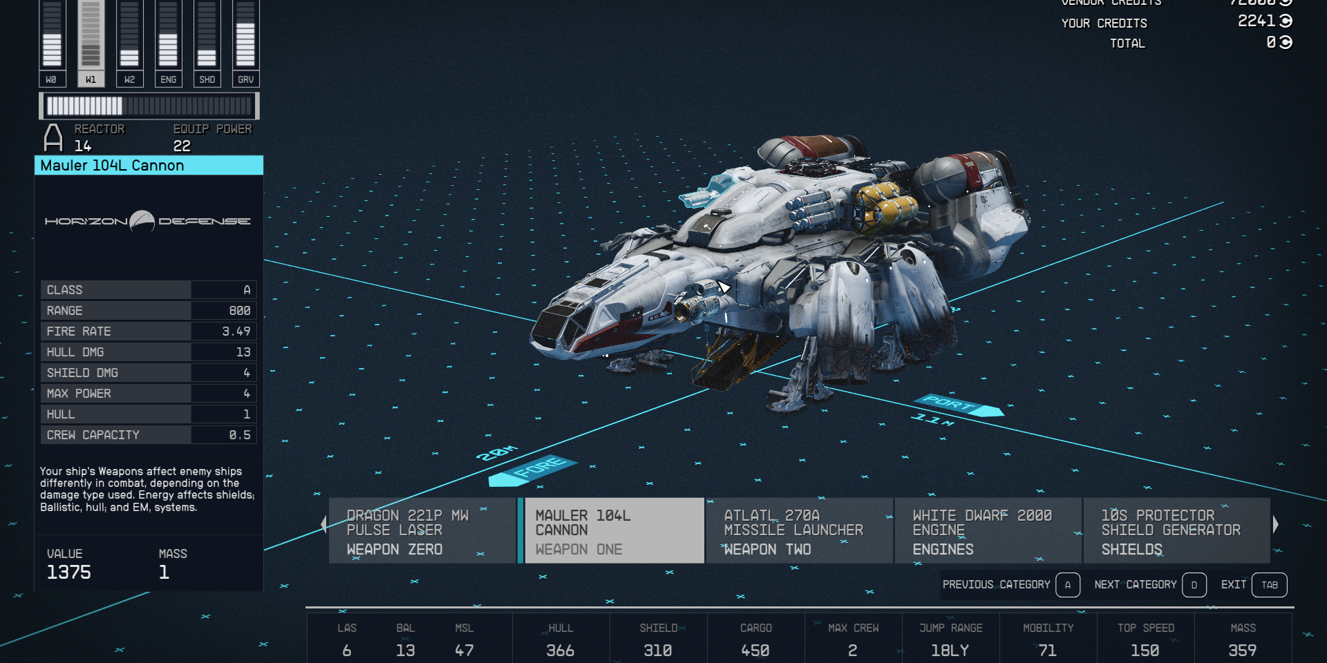 The ship upgrade menu description for Weapon One in Starfield