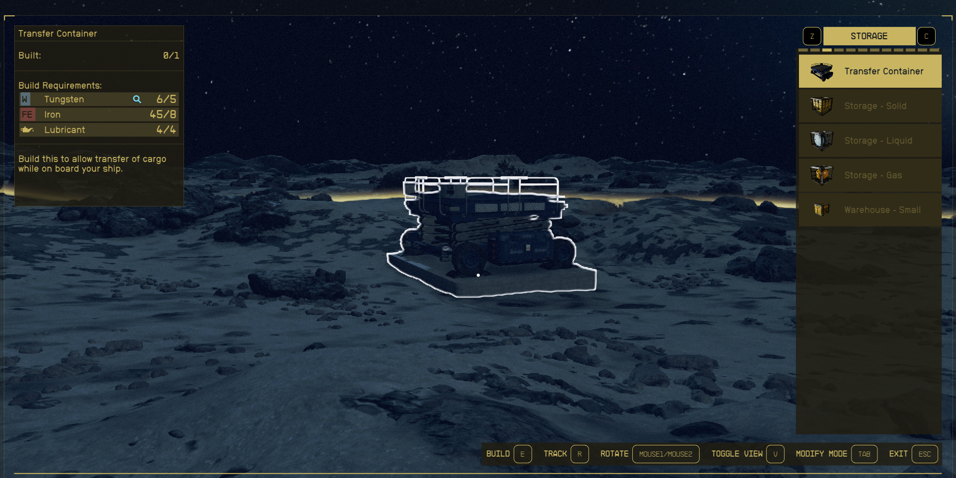 A transfer container in the build menu in Starfield