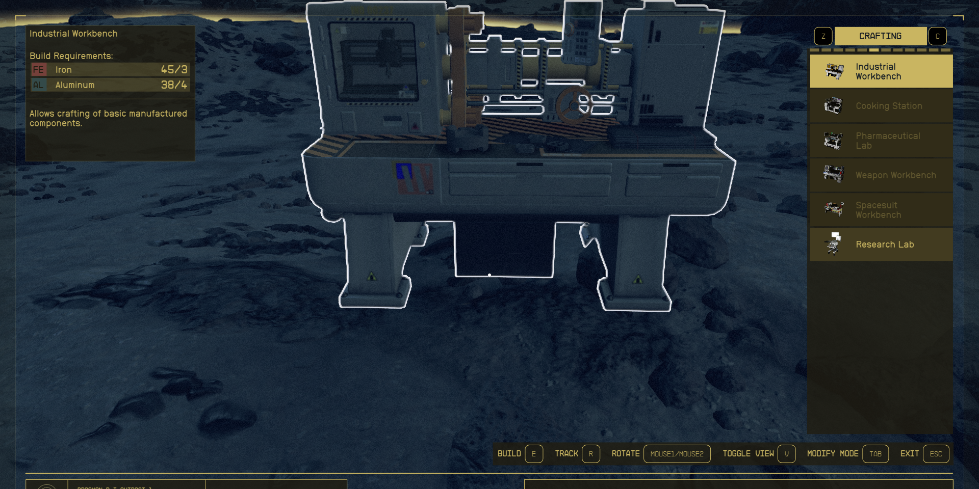 An industrial workbench in the build menu in starfield