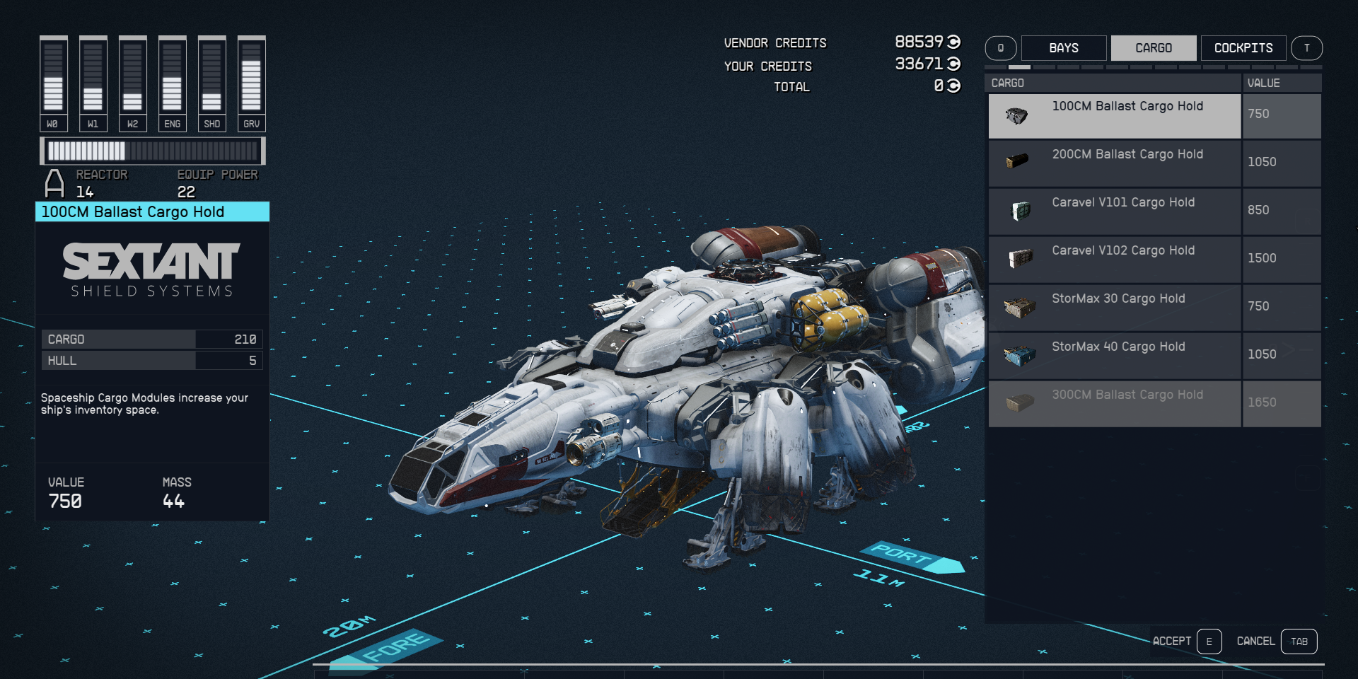 Adding a regular Ballast Cargo Hold to the Frontier Ship in the Build Menu in Starfield