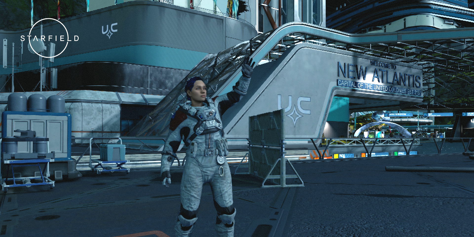 A player character in New Atlantis in Starfield