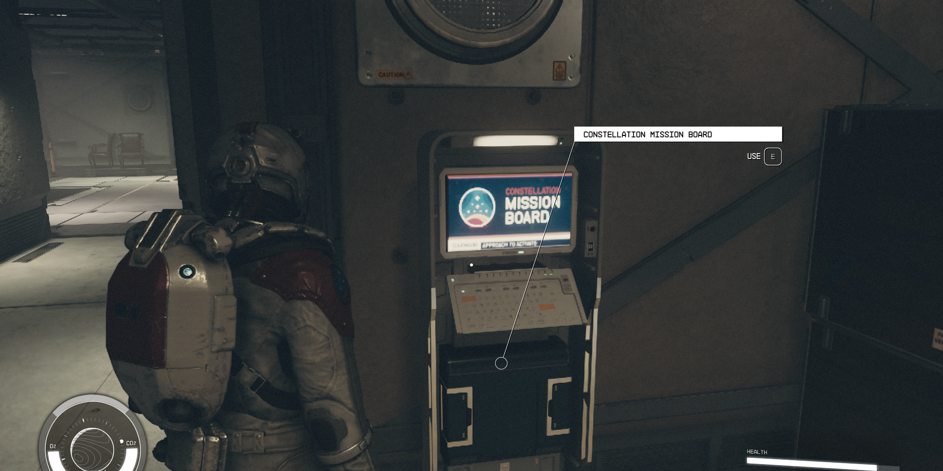 The player character looking at the Constellation Mission Board in Starfield