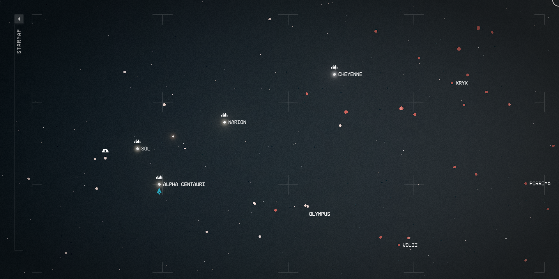 The Starmap in Starfield, with named star systems including Alpha Centauri.