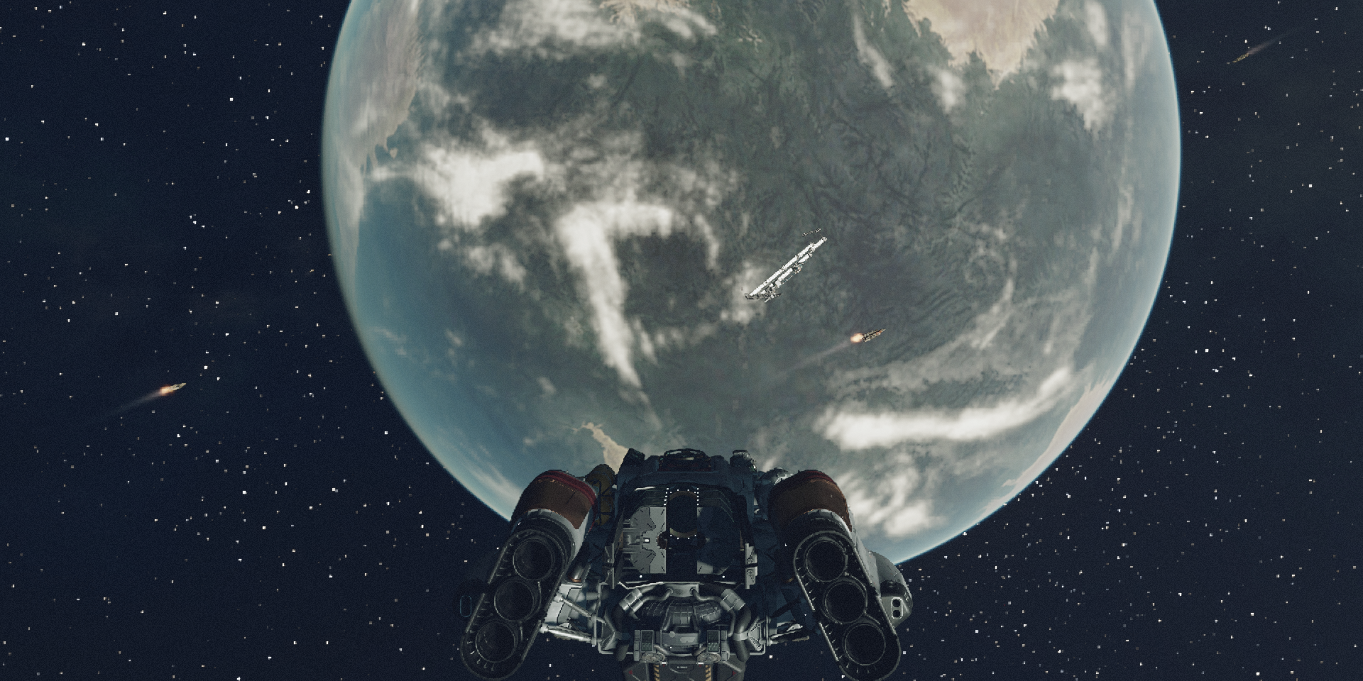 A ship facing a large planet in Starfield