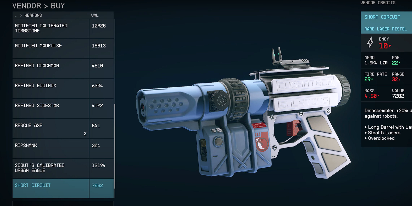 Short Circuit Laser Pistol in the vendor menu in Starfield