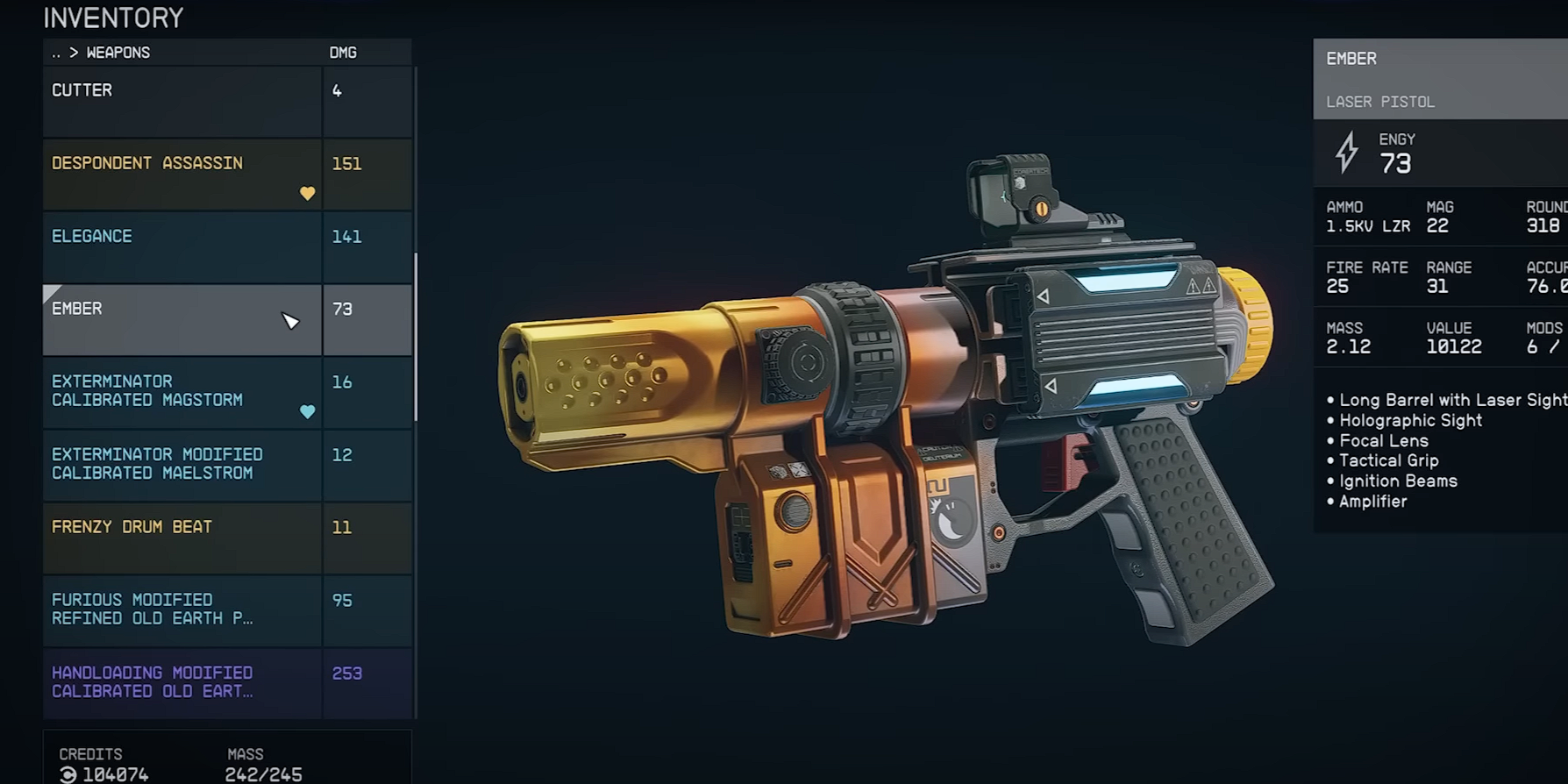 Ember Laser Pistol in the Player Inventory Menu in Starfield