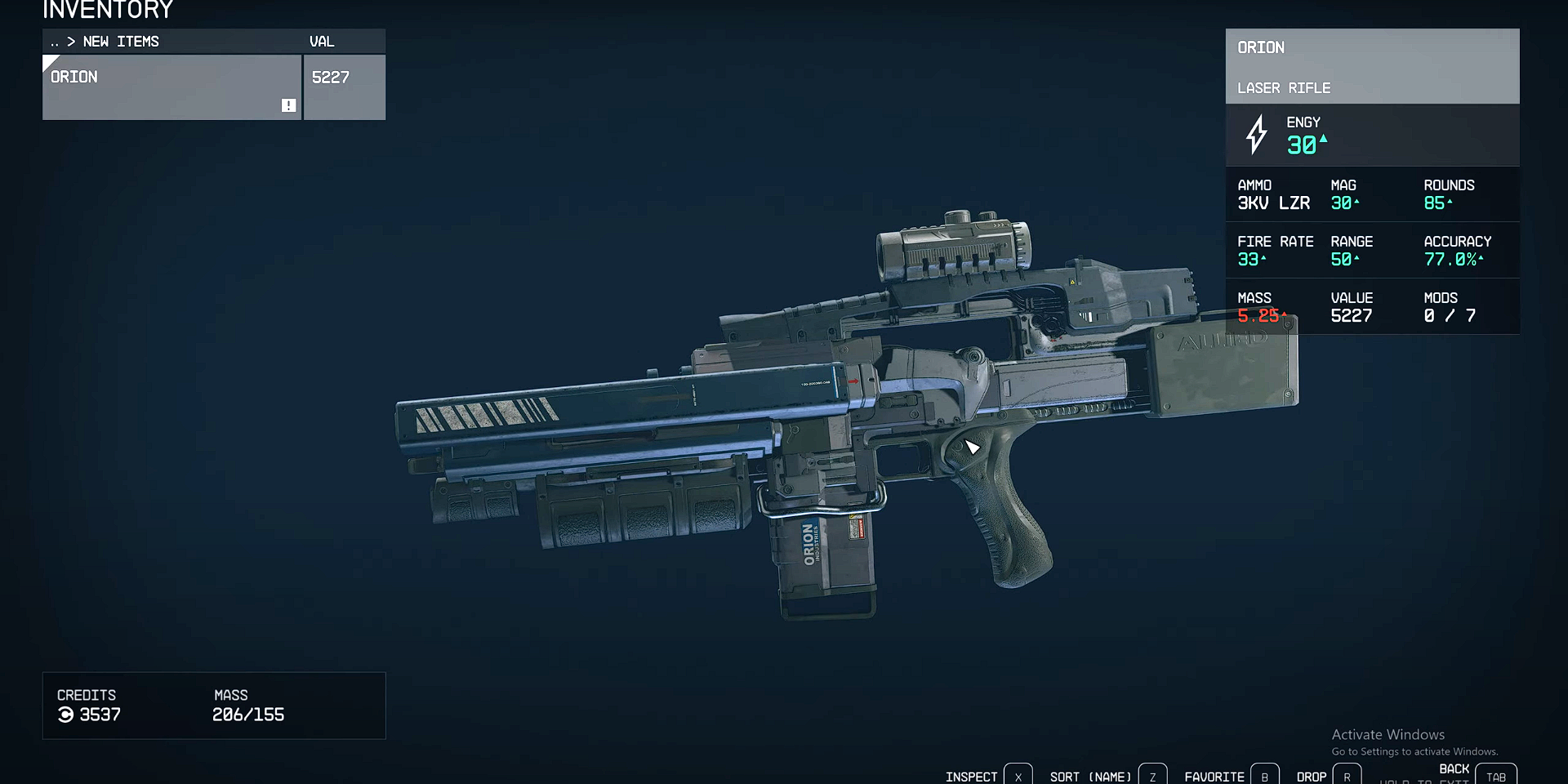 Orion Laser Rifle in the Inventory menu in Starfield