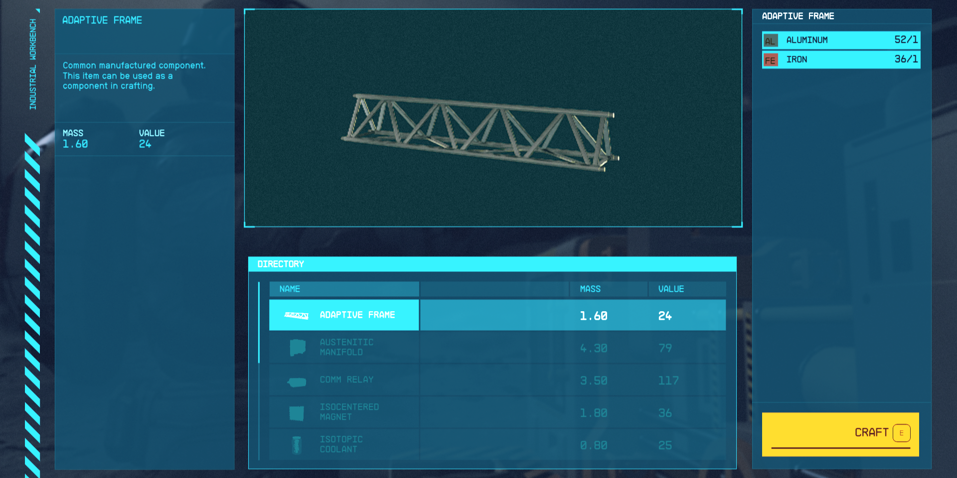 Adaptive Frames in the Crafting Menu of a Industrial Workbench in Starfield