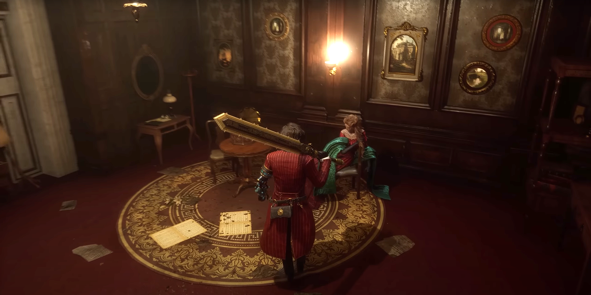 Pinocchio approaching the gramophone and a lady in Lies of P