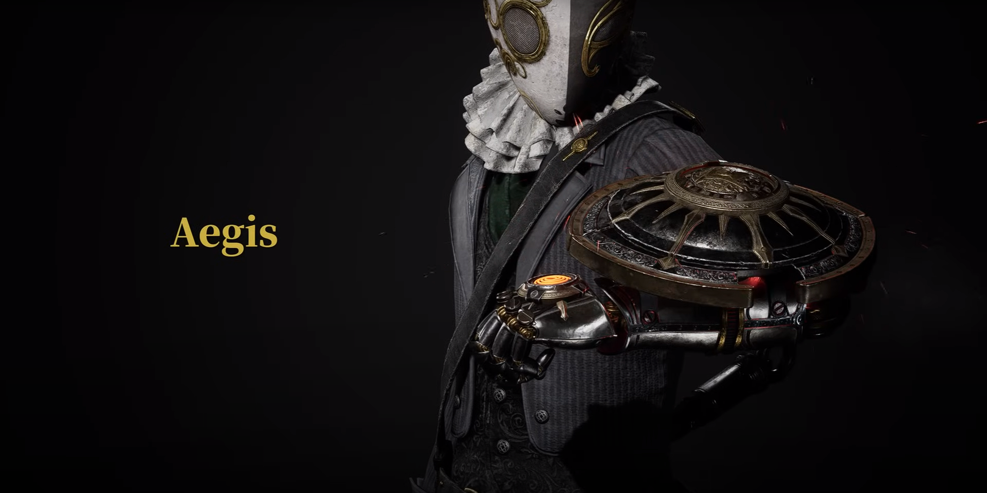 The word Aegis alongside an image of P showcasing the Aegis Legion Arm in Lies of P