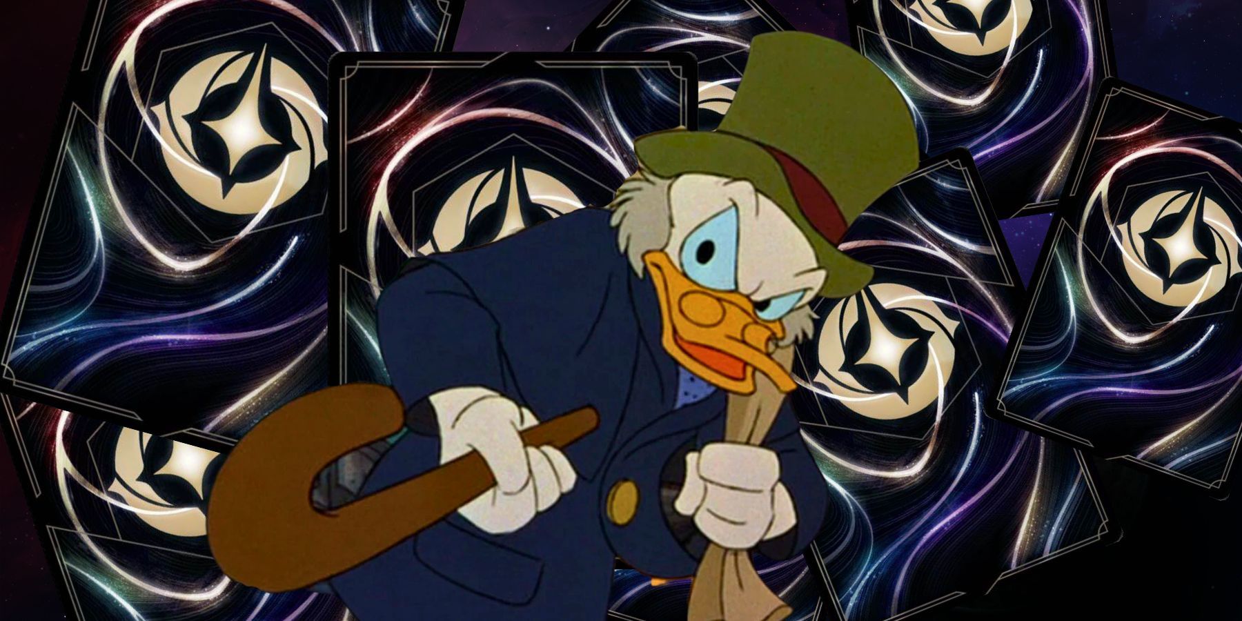 Scrooge McDuck from Christmas Carol in front of some Lorcana card backs