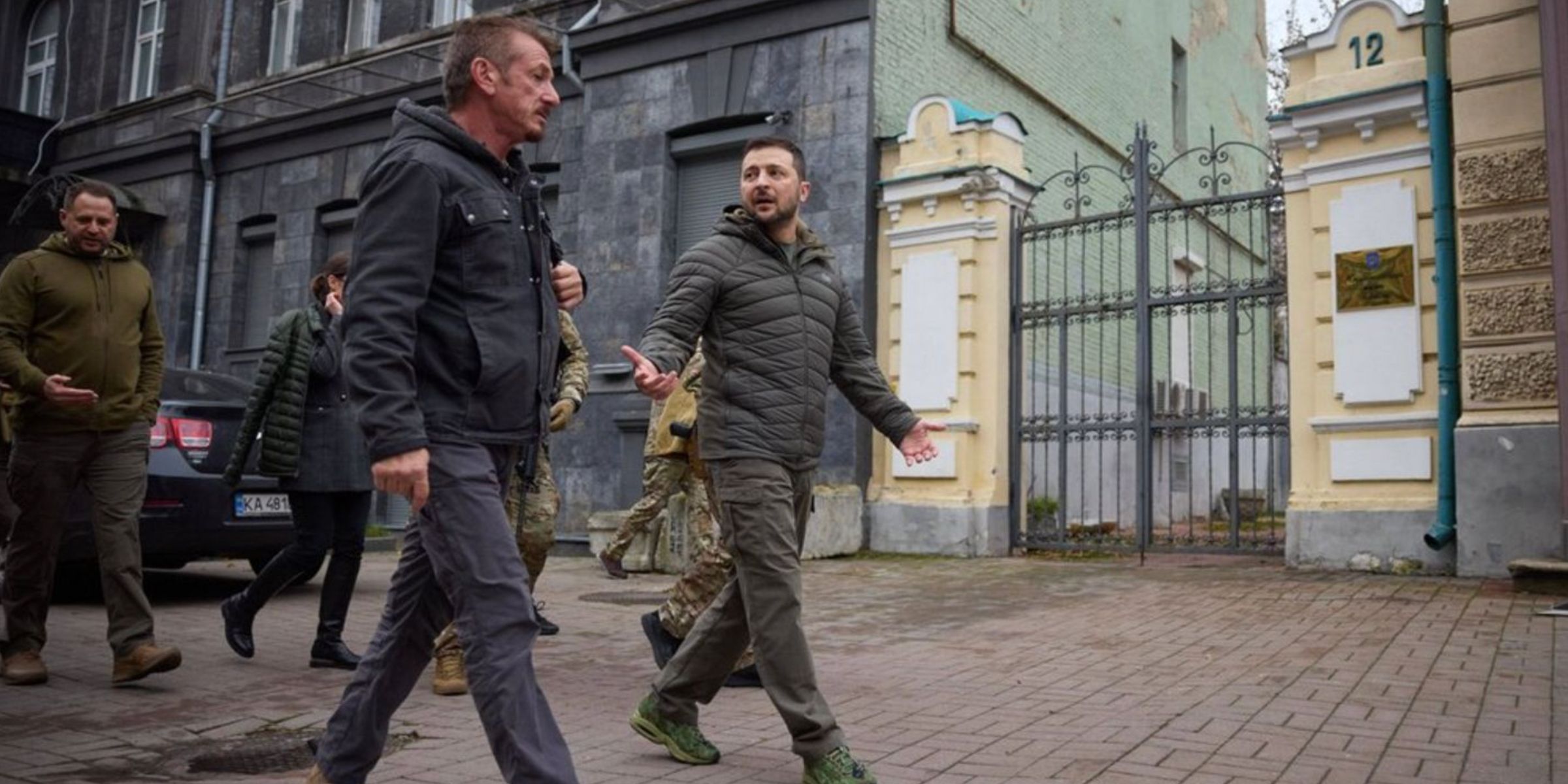Sean Penn walks with President Zelensky in Ukraine