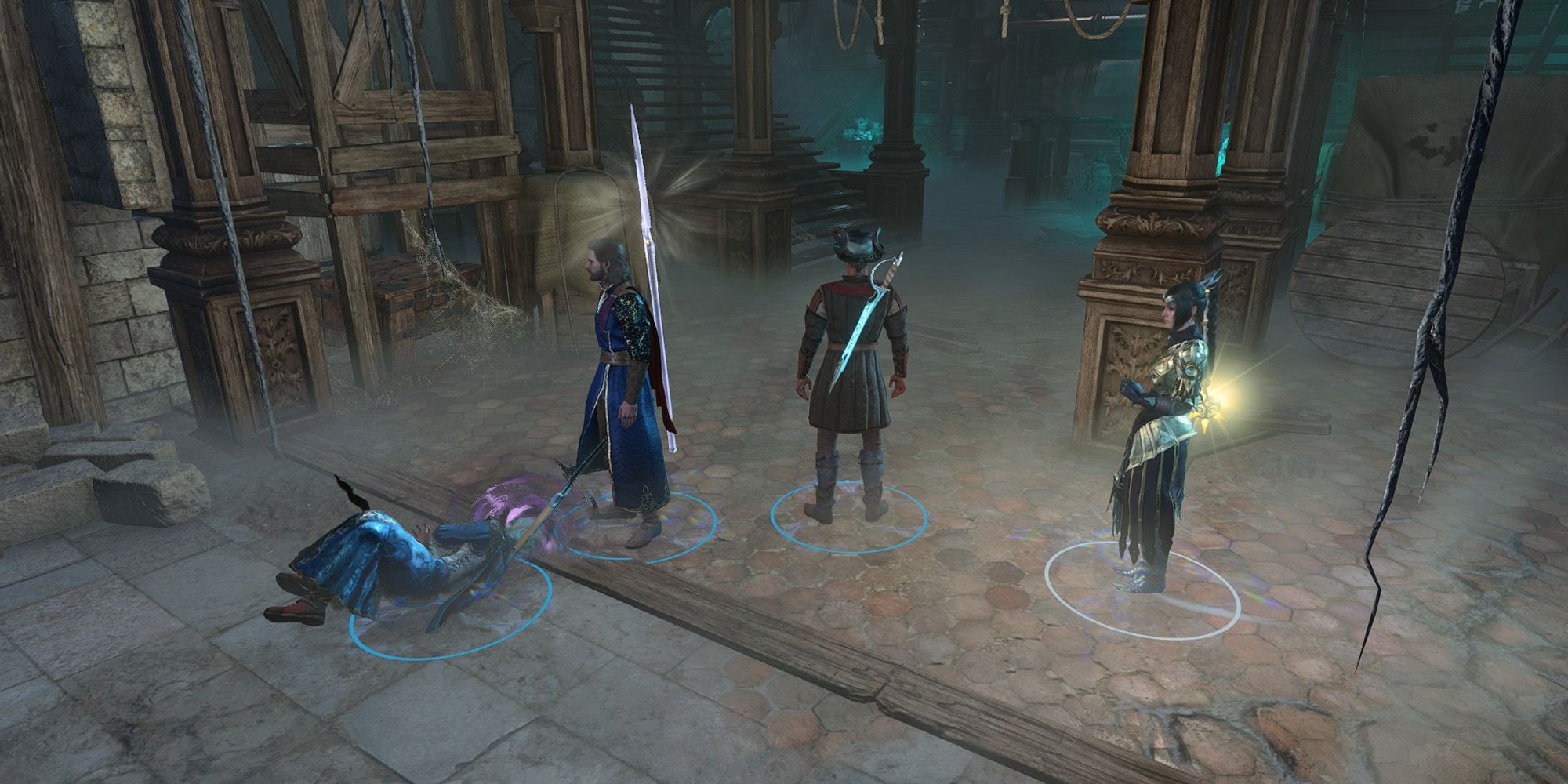 Baldur&rsquo;s Gate 3 character rolling on the ground in hysteria next to the party.