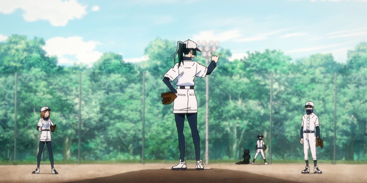Maki, Inumaki, and Kugisaki preparing to play baseball in Jujutsu Kaisen.