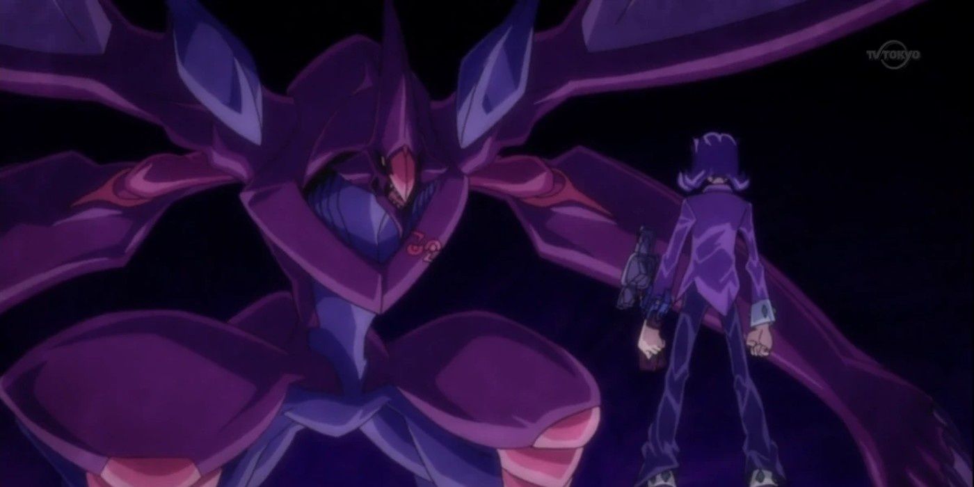 Shark Kastle standing in front of Shark Drake, which towers over him, in a dark void in Yu-Gi-Oh! ZEXAL.