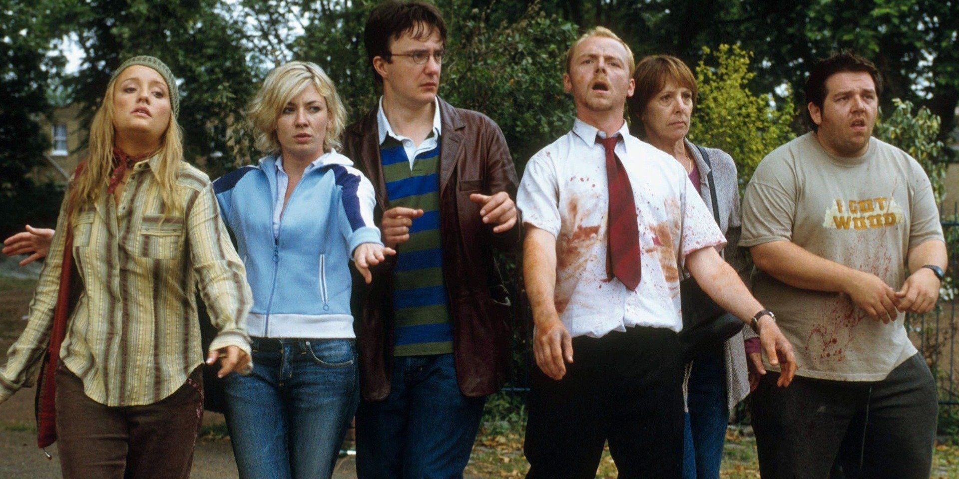Shaun and the group pretend to be zombies in Shaun of the Dead