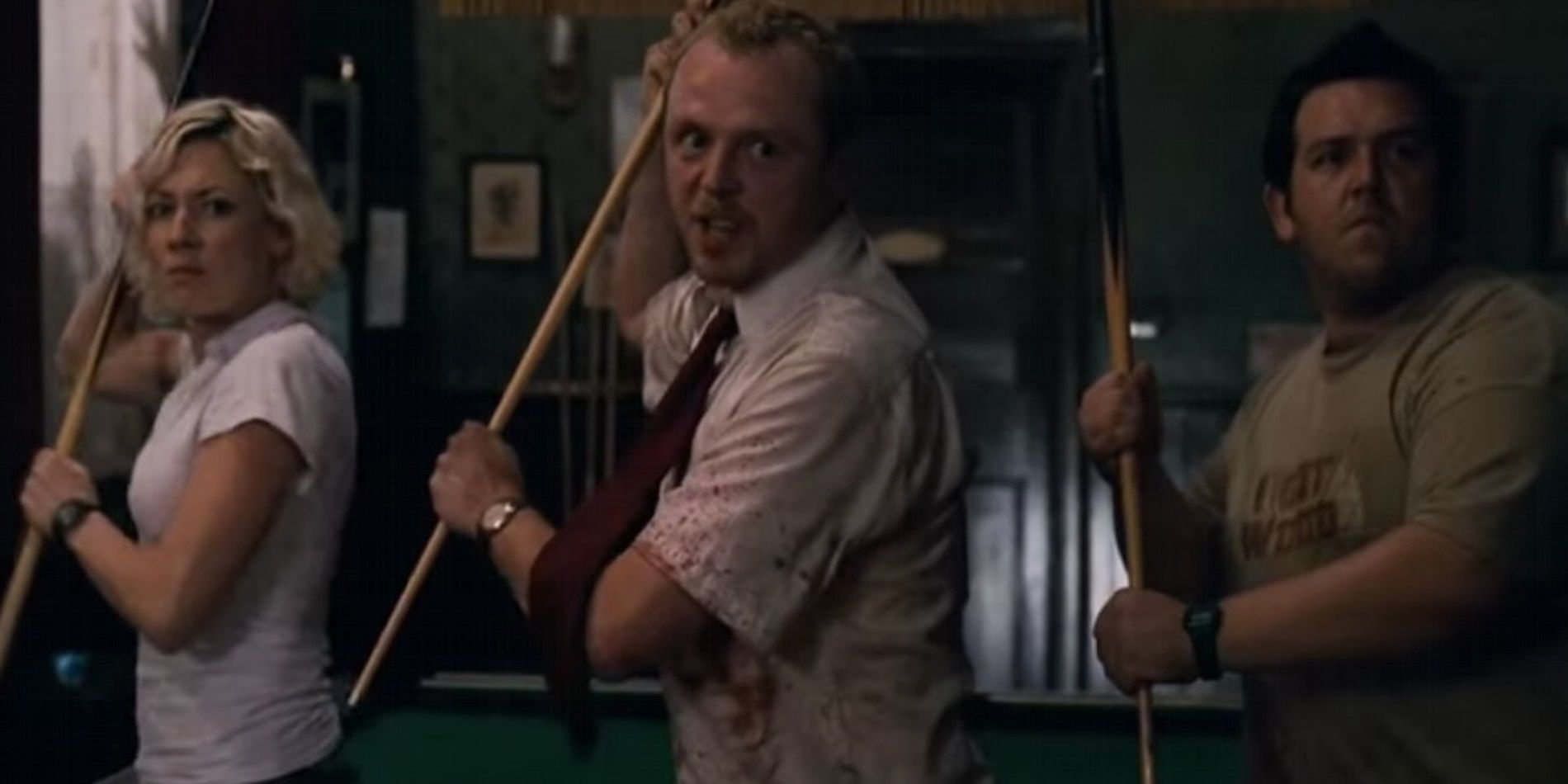 Shaun, Ed, and Liz with pool cues in Shaun of the Dead