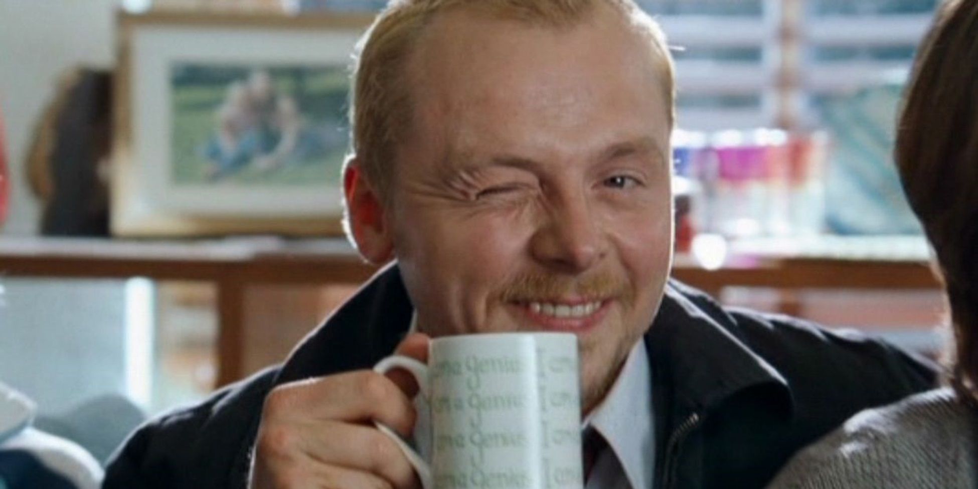 Shaun winks at the camera in Shaun of the Dead