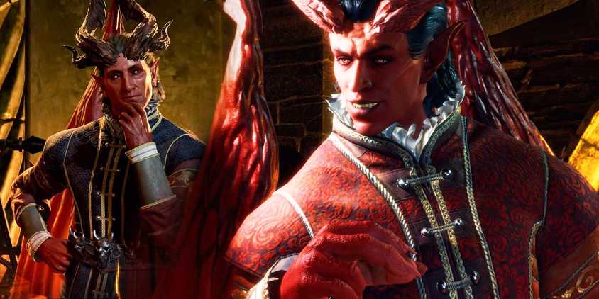 Two screenshots of the cambion Raphael, in deep consideration and cool-headed anger, from Baldur's Gate 3.