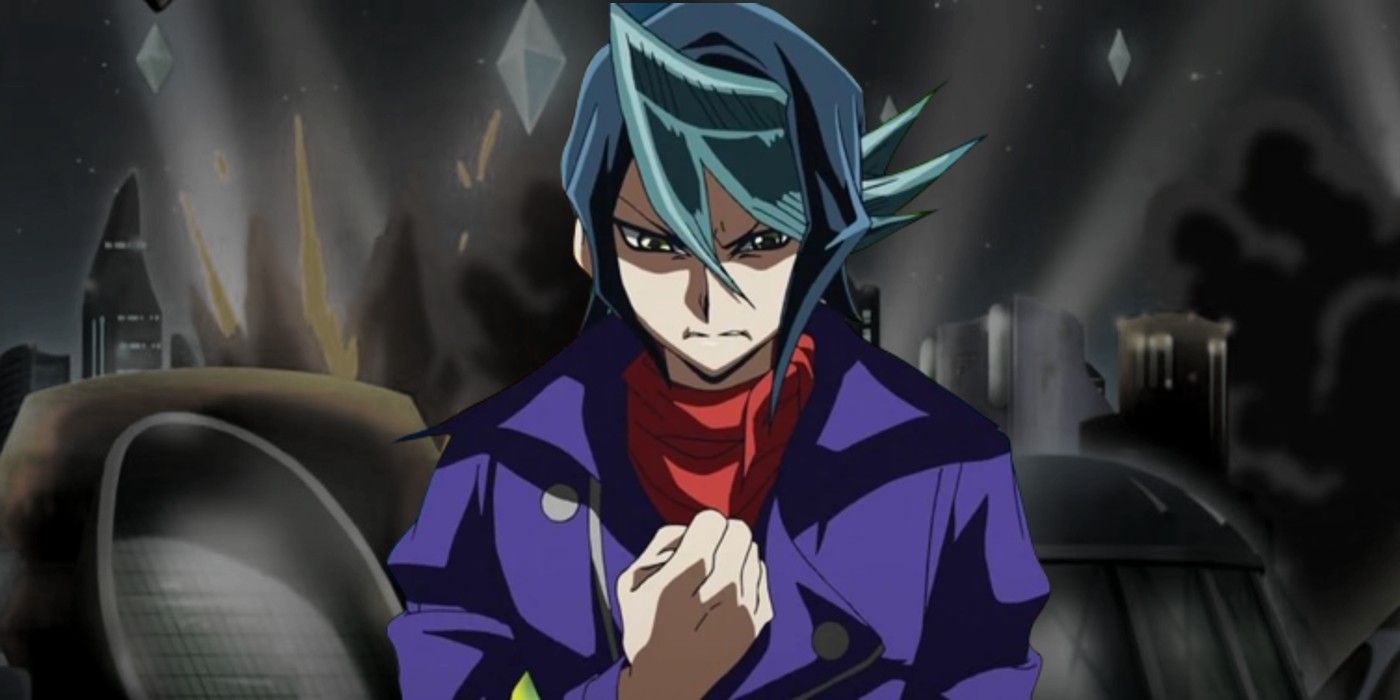 Shun in front of a destroyed city in Yu-Gi-Oh! Arc V