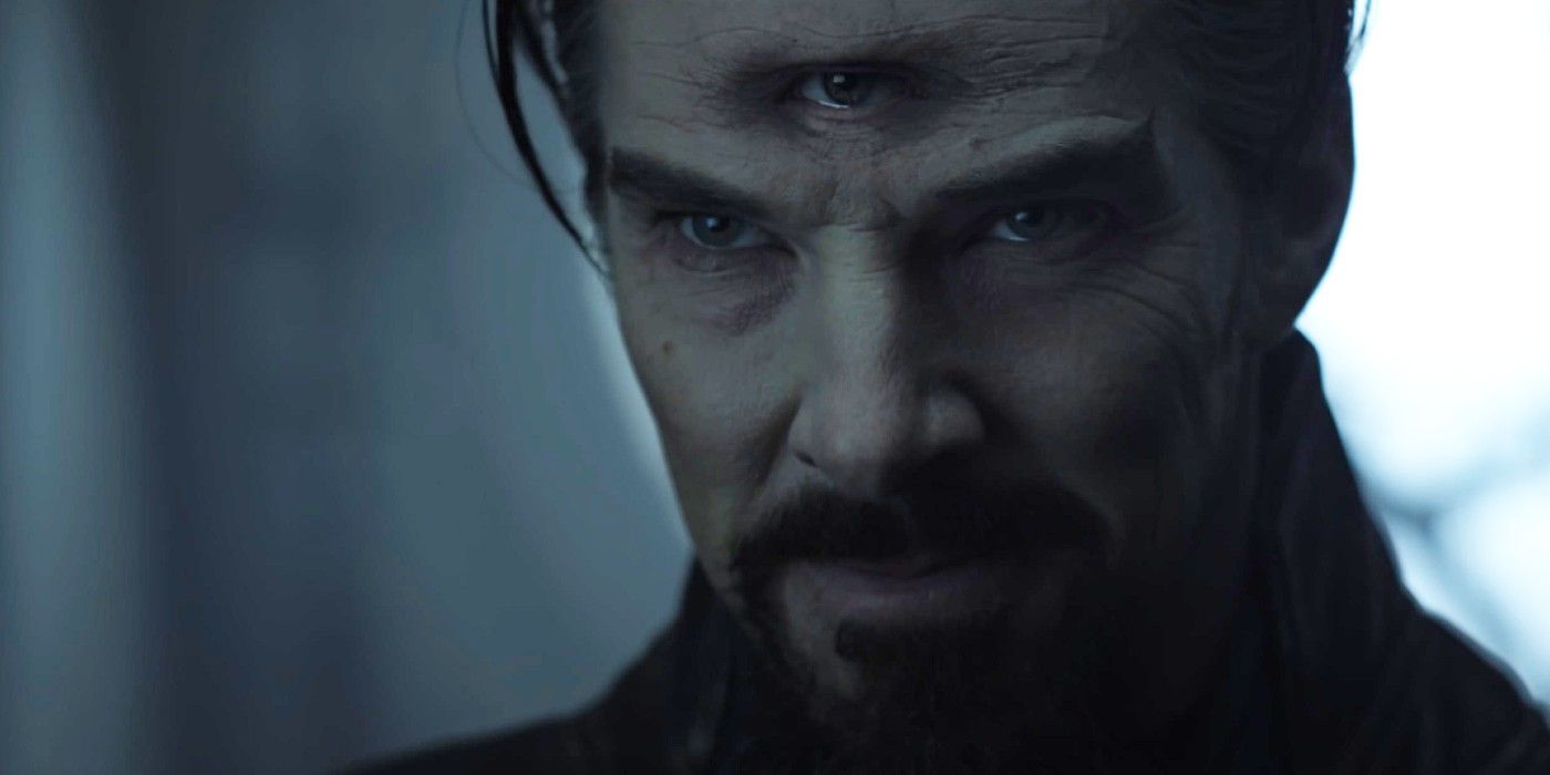 Sinister Strange opening his third eye and looking angry in Doctor Strange in the Multiverse of Madness