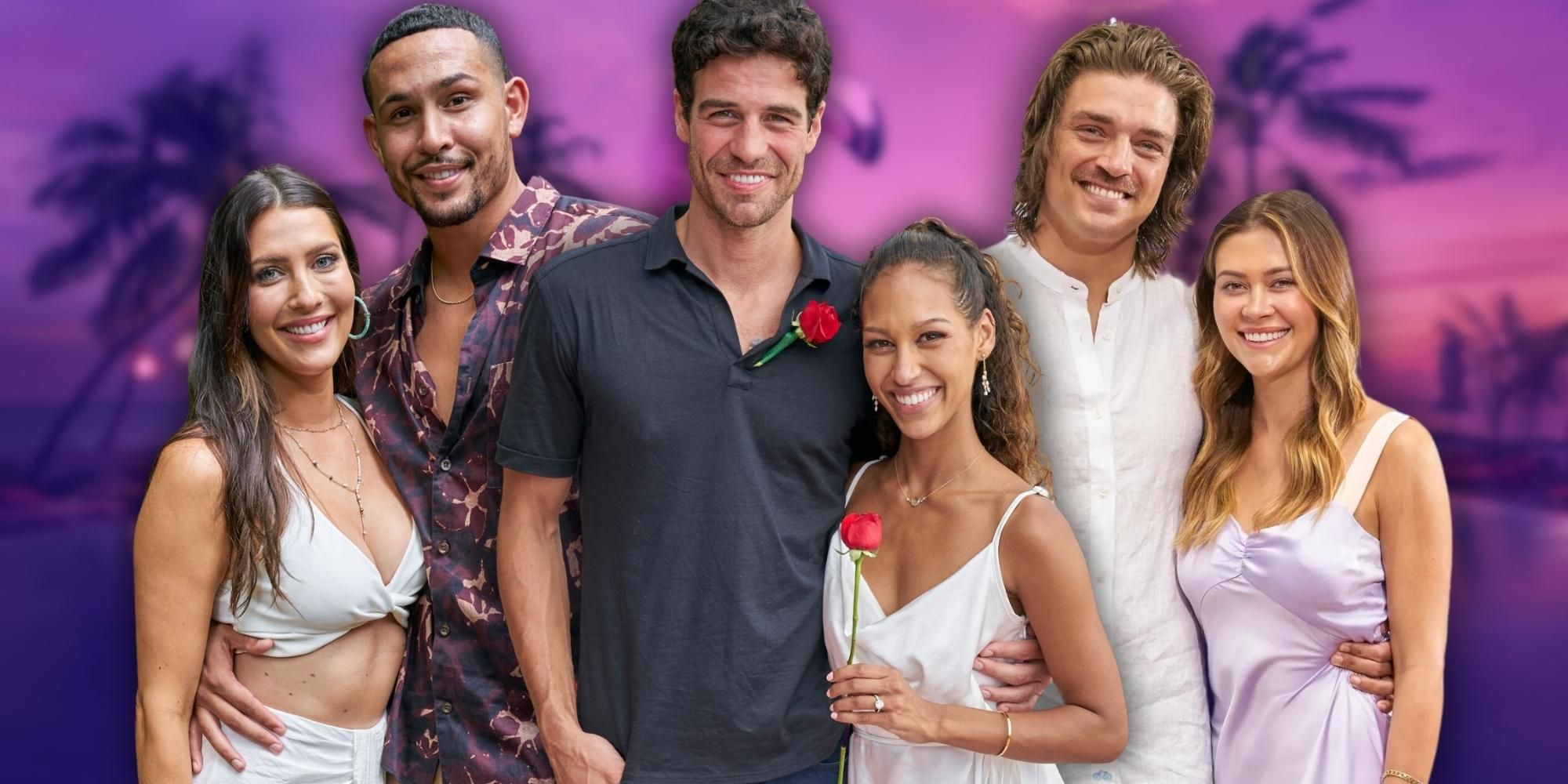 Bachelor Nation&rsquo;s Becca Kufrin &amp; Thomas Jacobs, Joe Amabile &amp; Serena Pitt, and Dean Unglert &amp; Caelynn Miller-Keyes in front of tropical background