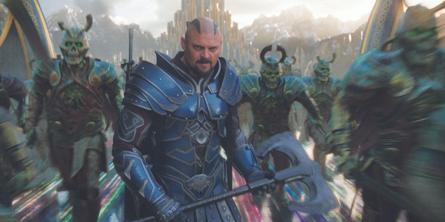 Skurge stands alongside Hera's army at the Bifrost in Thor: Ragnarok.