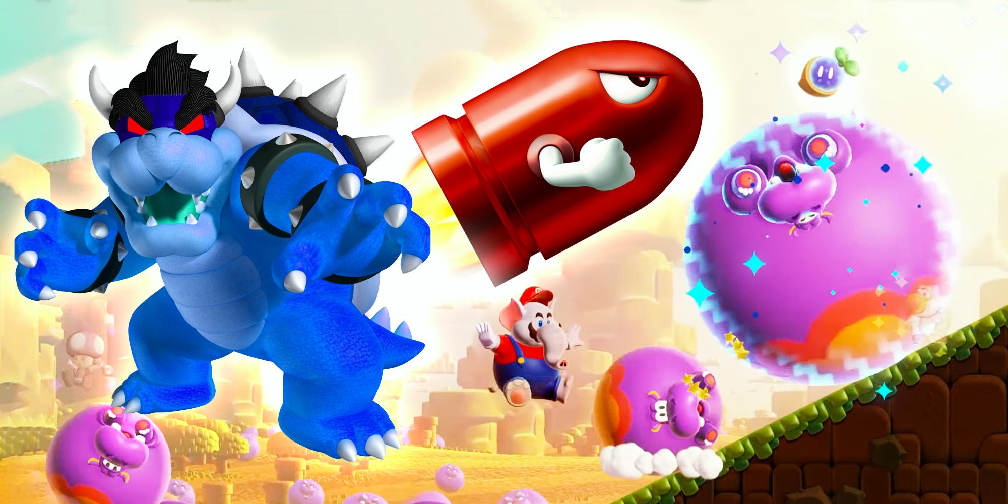A collage of enemies surrounding Elephant Mario in Super Mario Bros. Wonder, including a bright blue Bowser, a red Bullet Bill, and a three purple bouncy hippo-type creatures.