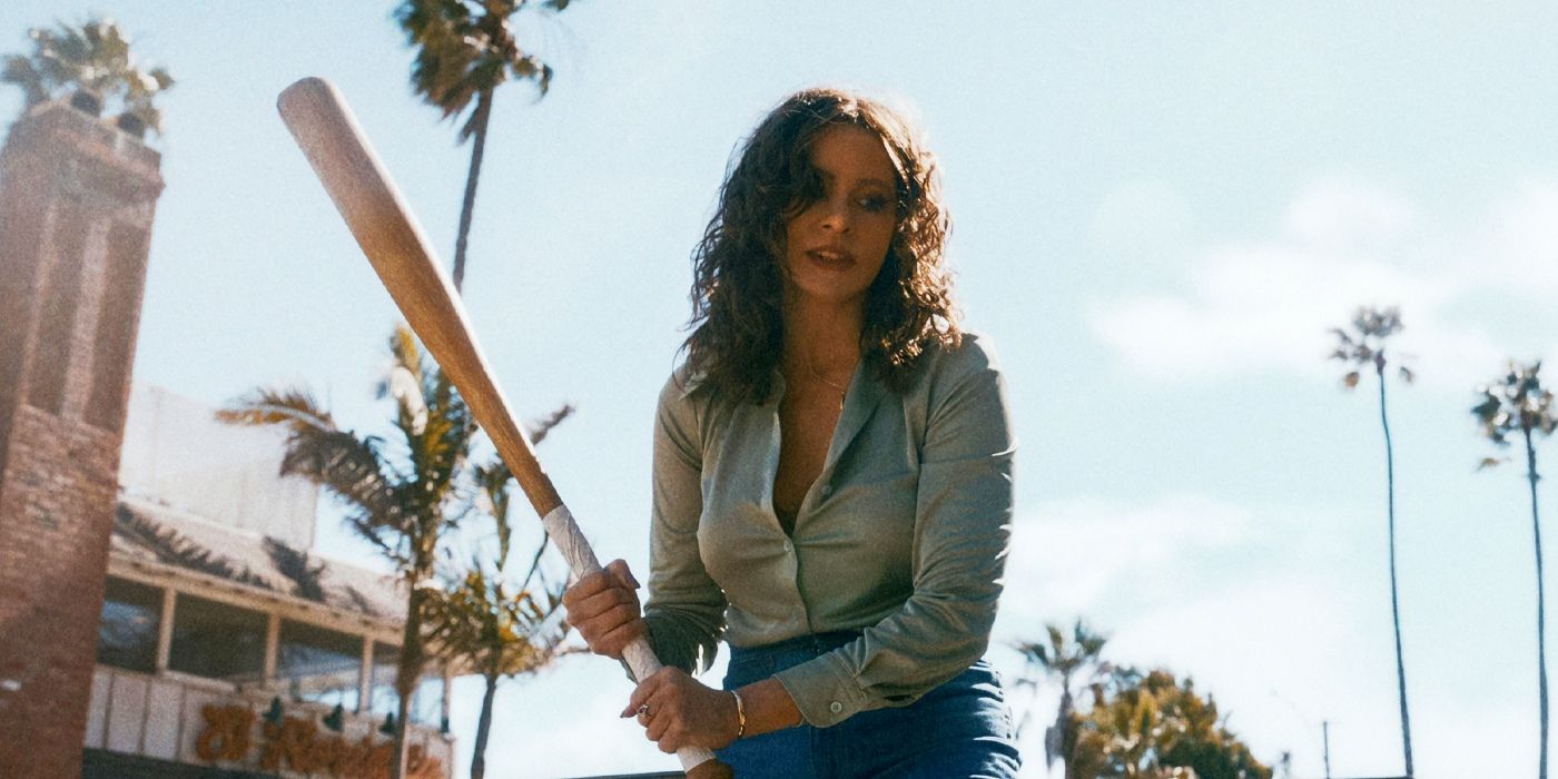 Sofia Vergara holding a bat and looking menacing in Griselda.