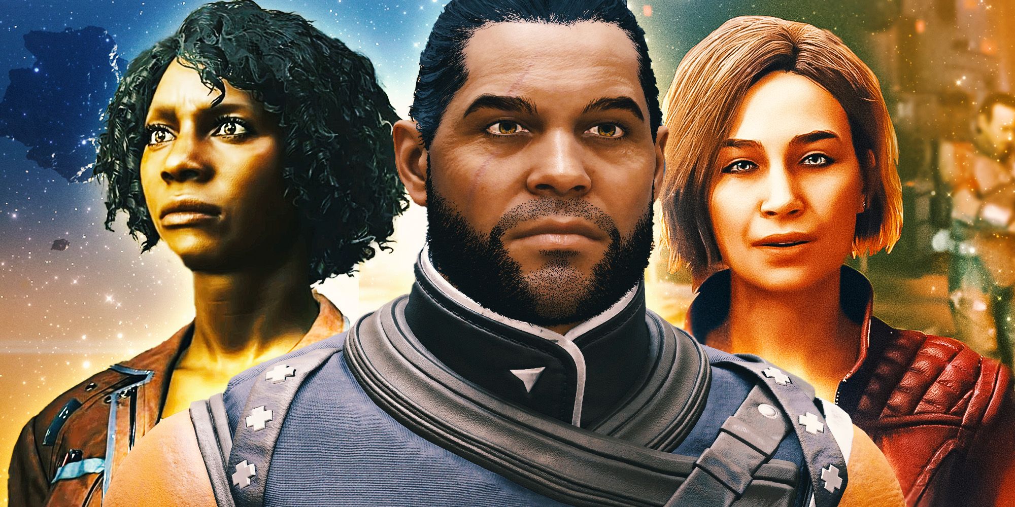 Characters from Starfield, left to right: Noel, Commander Tuala, and Sarah.