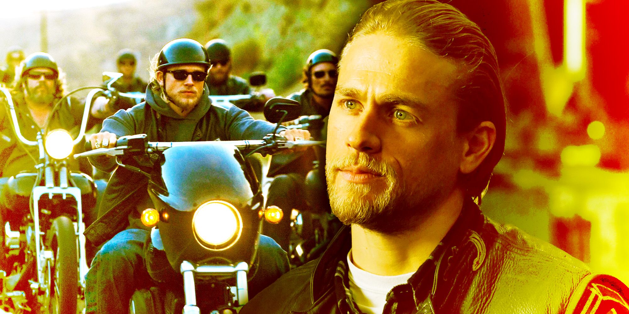Collage of Charlie Hunnam and the Sons of Anarchy on bikes